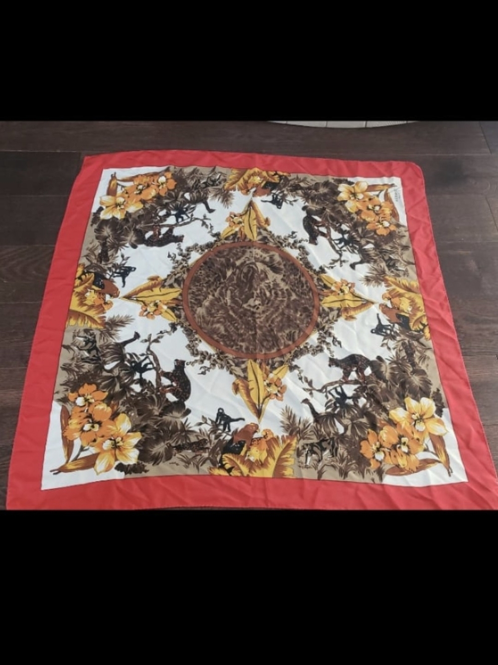 Hermes Red, Brown and Yellow Floral Silk Scarf